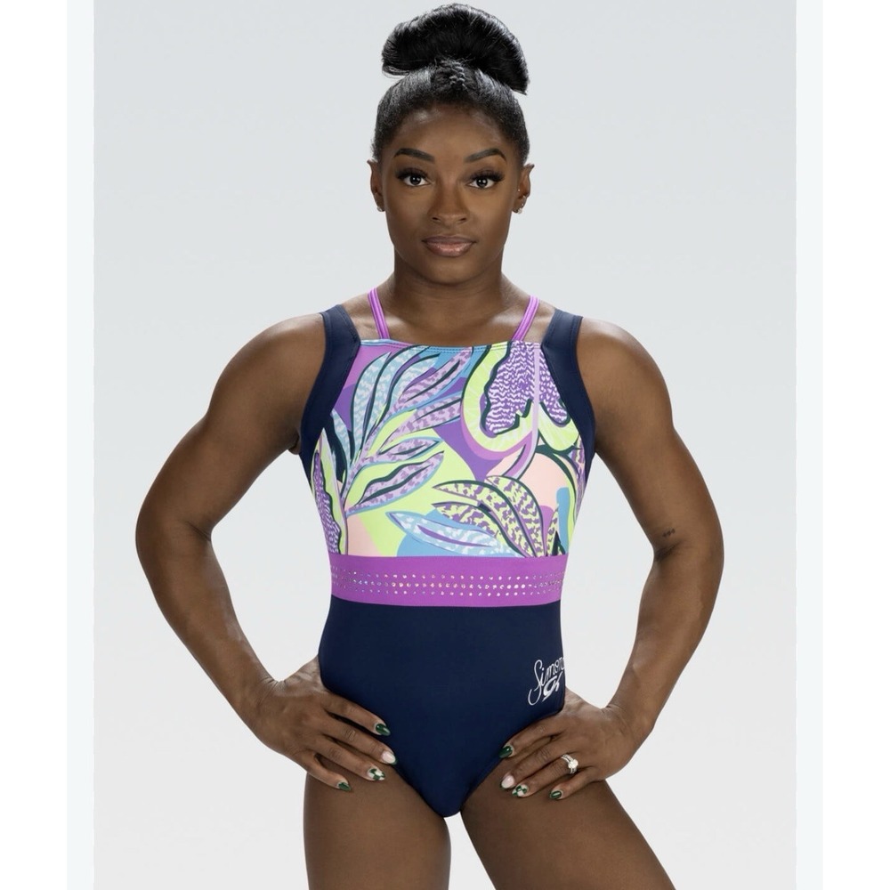 GK Simone Biles Gymnastics Leotard Navy Purple Neon Floral AXS Sleeveless